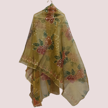 Hand Painted Mirror Work Organza Dupatta - Mud Green