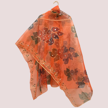 Hand Painted Mirror Work Organza Dupatta - Orange