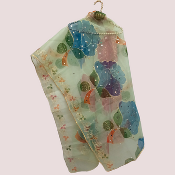 Hand Painted Mirror Work Organza Dupatta - Light Green