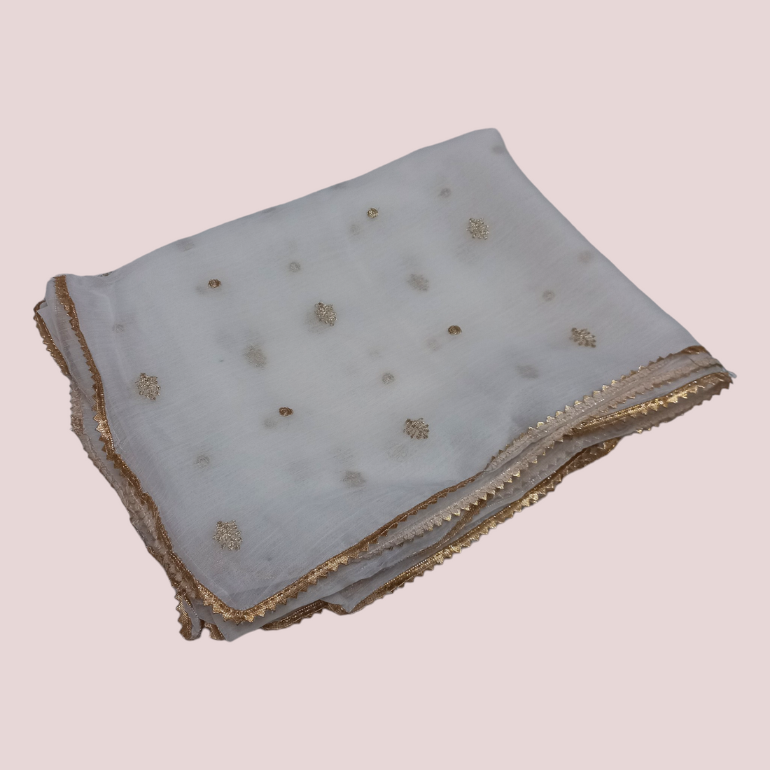 Chiffon Embroidery Laced Dupatta - White