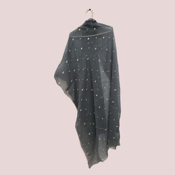 Chiffon Embroidery Laced Dupatta - Dark Grey