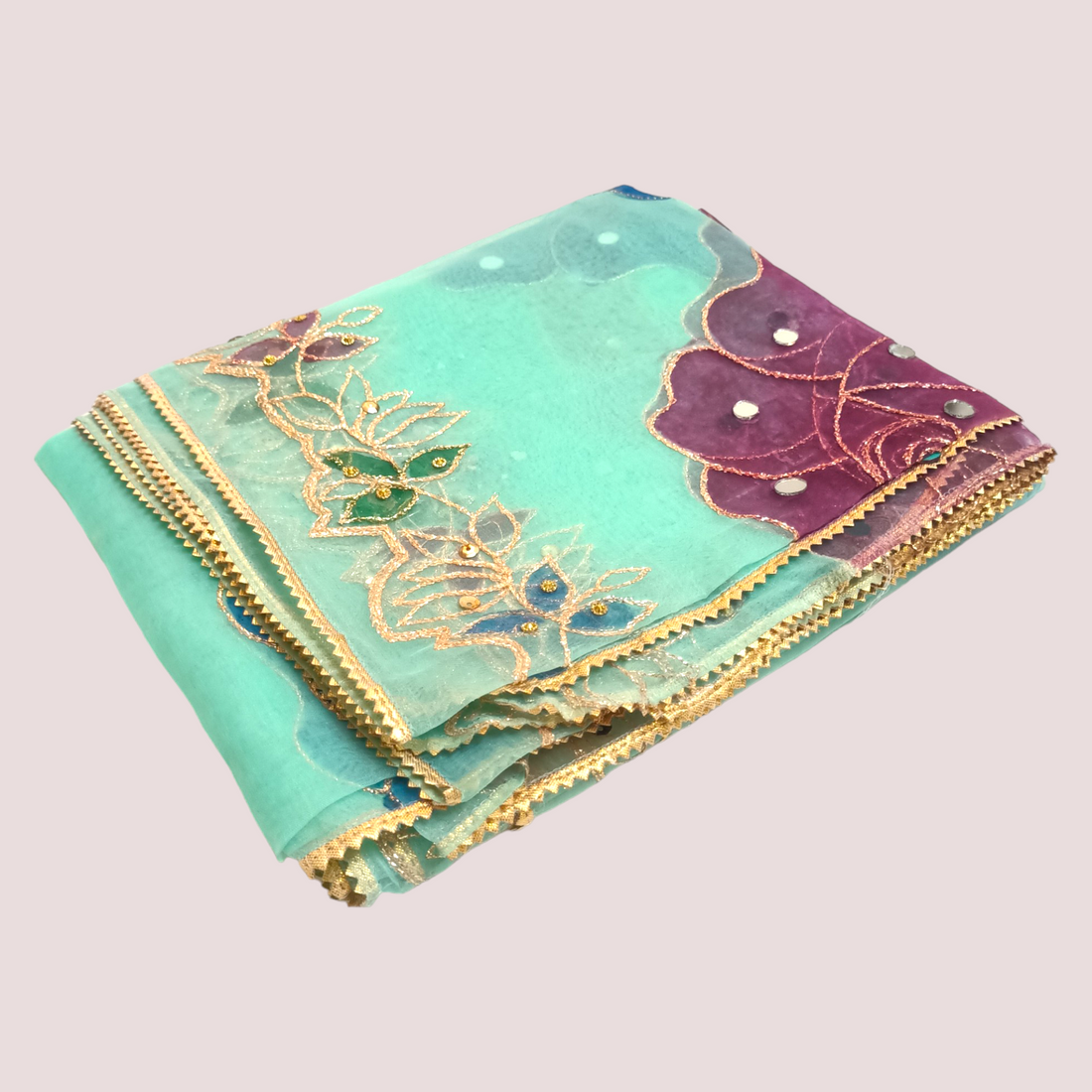 Hand Painted Mirror Work Organza Dupatta - Aqua Green