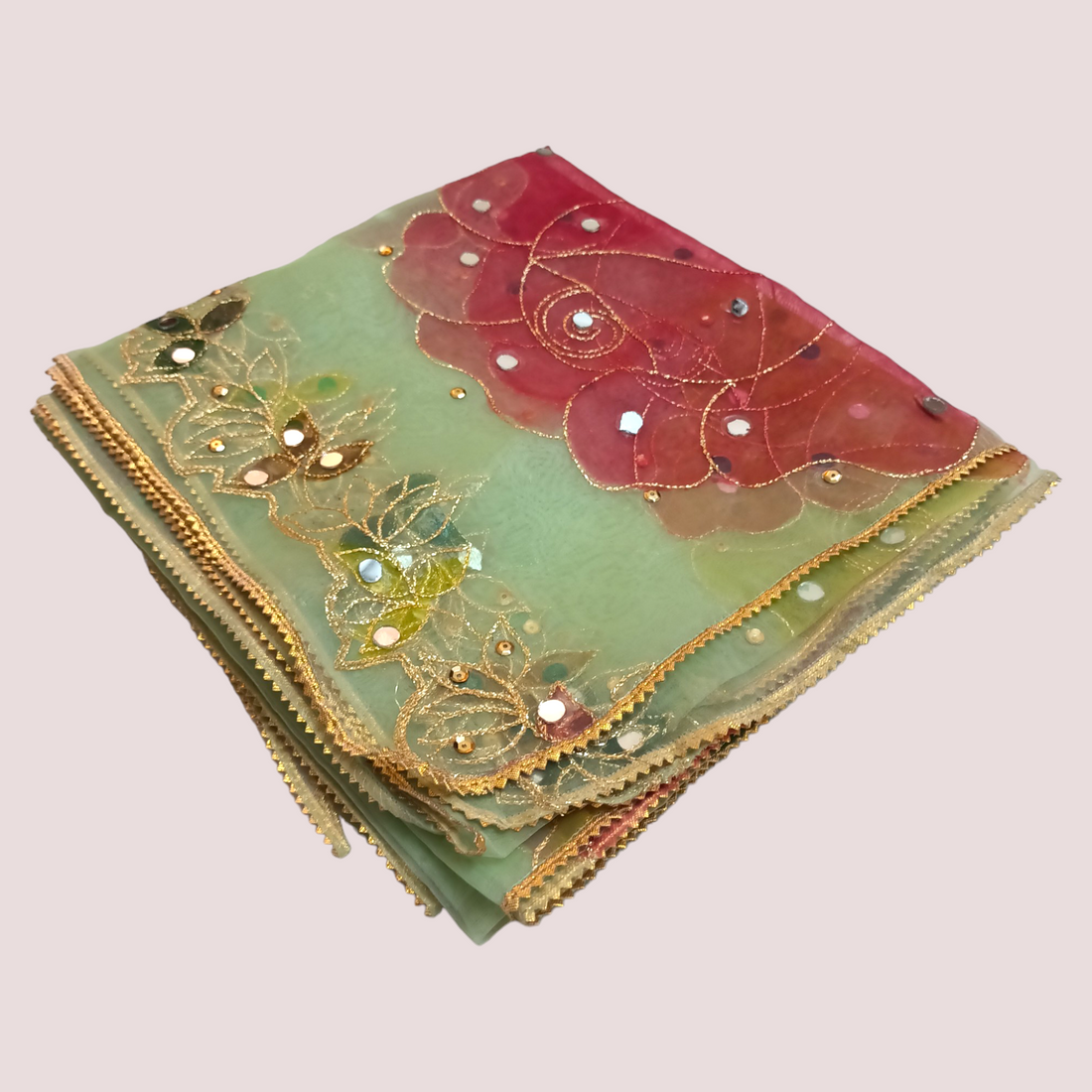 Hand Painted Mirror Work Organza Dupatta - Pistacio